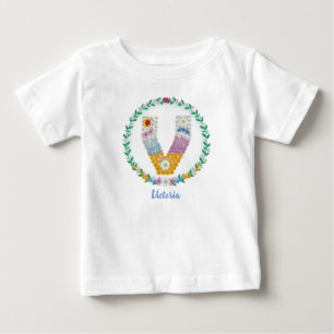 Camiseta De Bebé Letras florales iniciales "V" con nombre personali