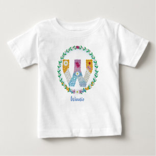 Camiseta De Bebé Letras florales iniciales "W" con nombre personali
