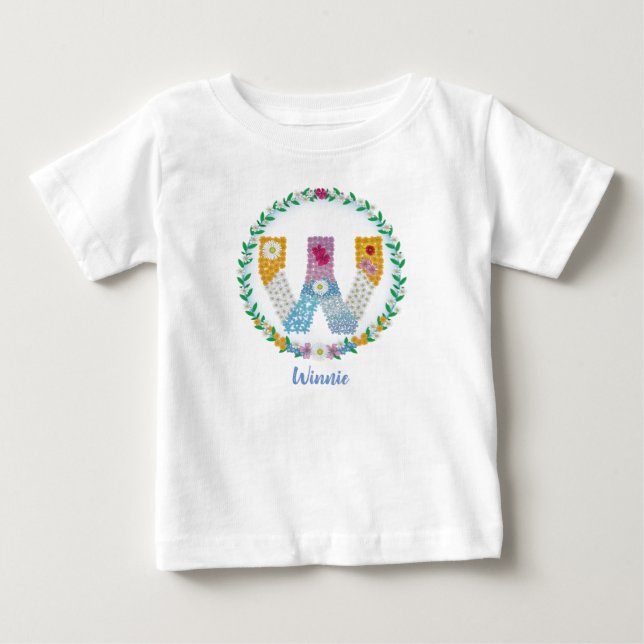 Camiseta De Bebé Letras florales iniciales "W" con nombre personali (Anverso)