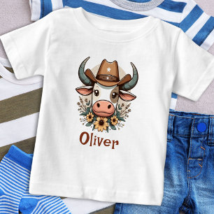 Camiseta De Bebé Linda vaca floral que lleva sombrero de vaquero 