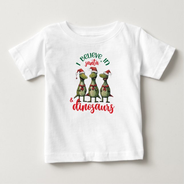 Camiseta De Bebé Lindo Christmas Creo en Santa y Dinosaurios (Anverso)