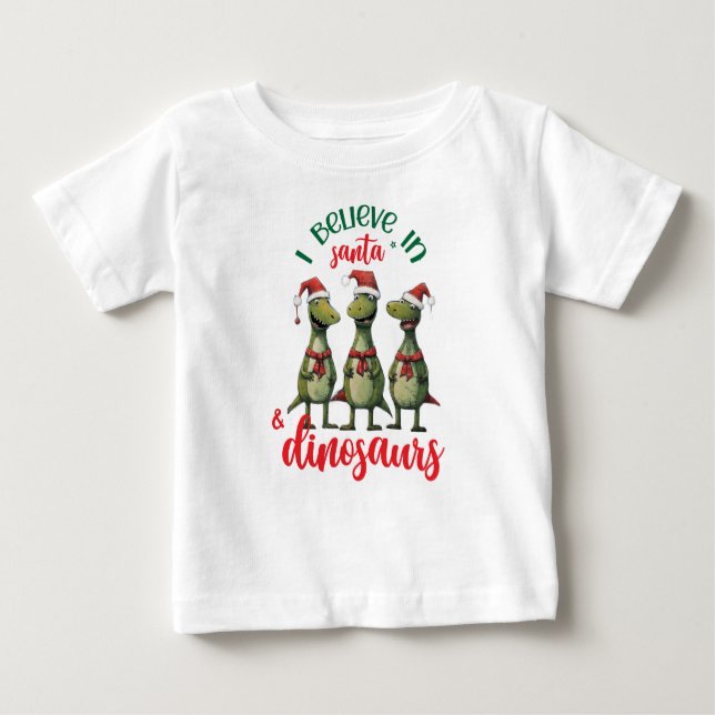 Camiseta De Bebé Lindo Navidad Creo en Santa y Dinosaurios (Anverso)