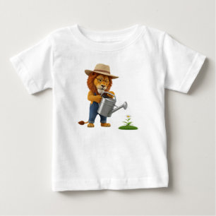 Camiseta De Bebé Lindo personaje león jardinero 3D regando flor en