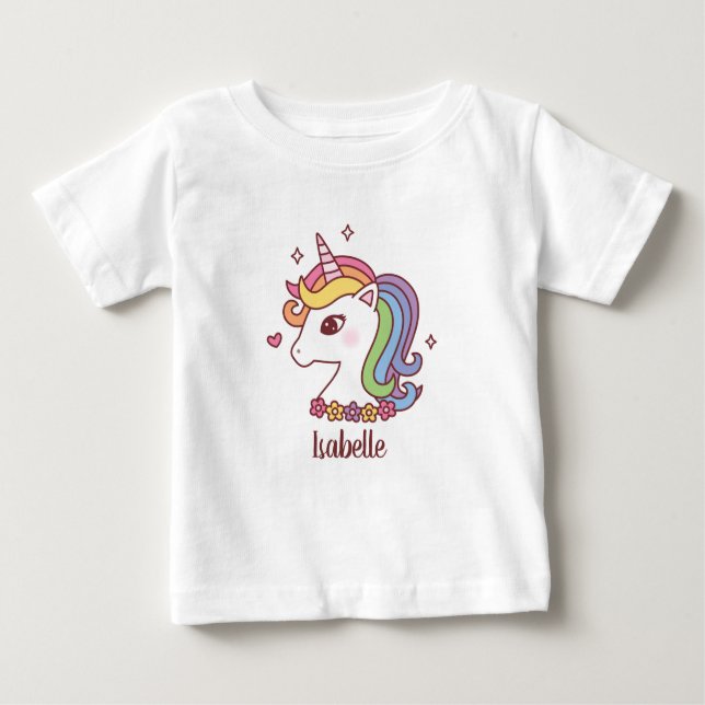 Camiseta De Bebé Lindo Unicornio con Melena de Arcoíris Doodle Niña (Anverso)