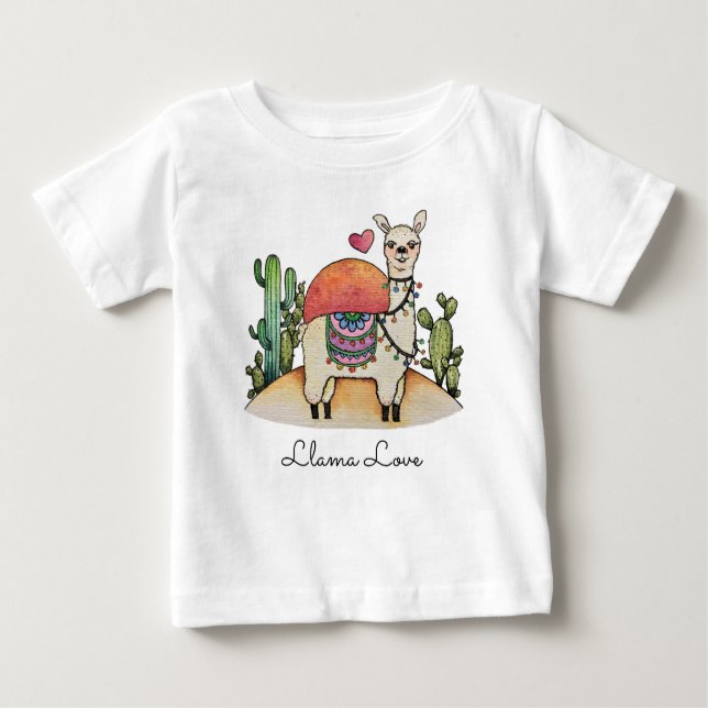 Camiseta De Bebé Llama acuarela con cactus (Anverso)