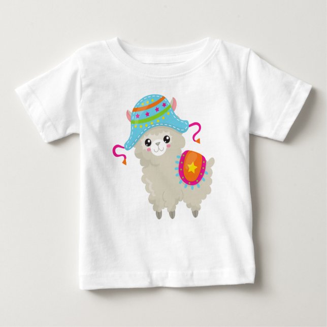 Camiseta De Bebé Llama Cute, Pequeña Llama, Alpaca, Llama Con Gorra (Anverso)