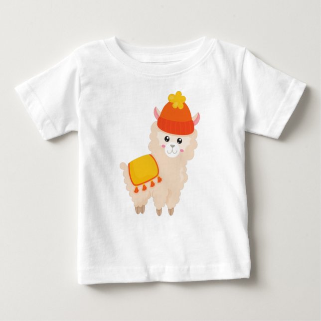 Camiseta De Bebé Llama otoñal, Cute Llama, Alpaca, Llama Con Gorra (Anverso)