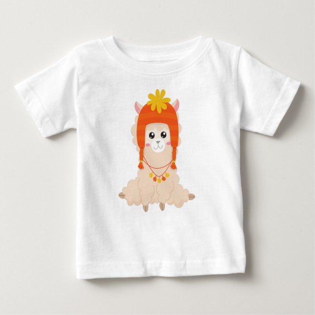 Camiseta De Bebé Llama otoñal, Cute Llama, Llama Con Gorra, Alpaca (Anverso)