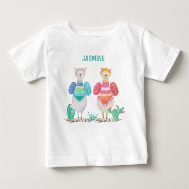 Camiseta De Bebé Llama y acuarela cacti personalizada (Anverso)