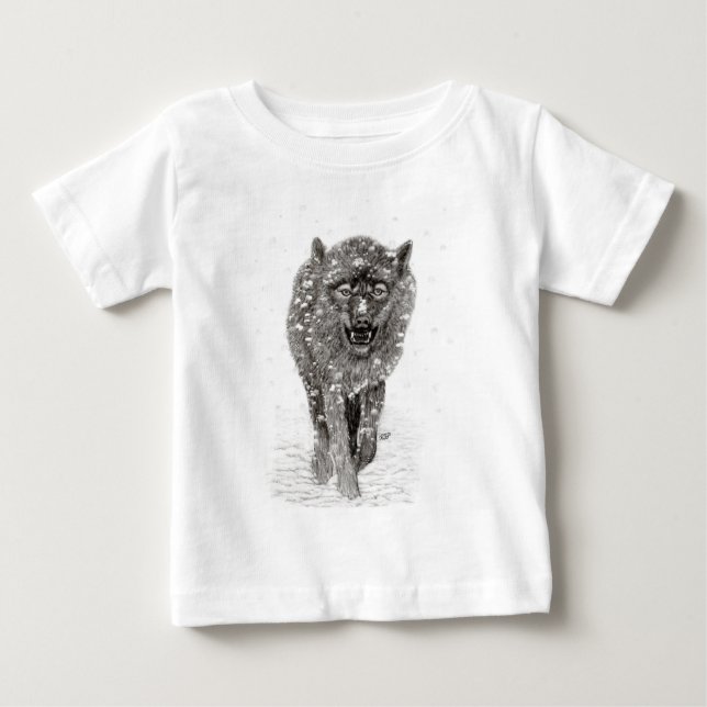 Camiseta De Bebé Lobo negro enojado en la nieve, invierno salvaje (Anverso)