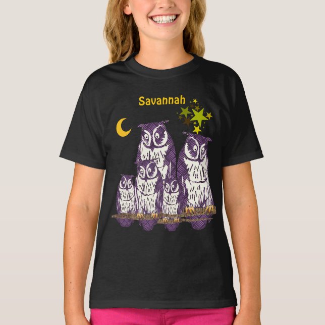 Camiseta De Bebé Luna y estrellas de búhos púrpura personalizados (Anverso)