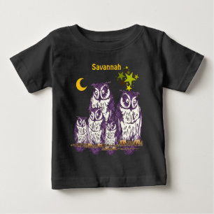 Camiseta De Bebé Luna y estrellas de búhos púrpura personalizados