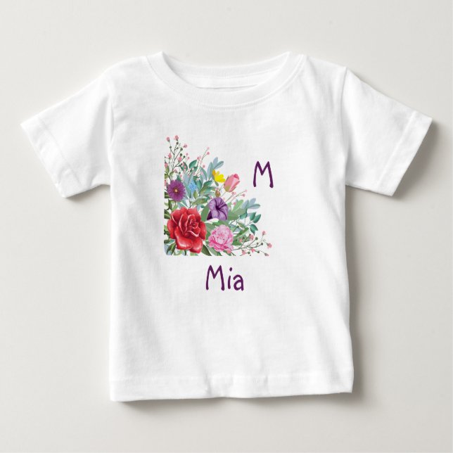Camiseta De Bebé M Mia Personaliza el Nombre de la Letra, Flores Ro (Anverso)
