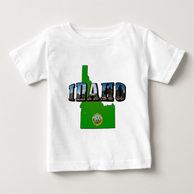 Camiseta De Bebé Mapa de Idaho, Sello y texto de imagen (Anverso)
