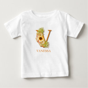 Camiseta De Bebé Margarita Floral Monograma de Letra V con Nombre