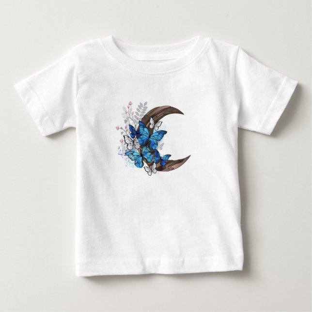 Camiseta De Bebé Mariposas azules sobre la media luna de madera (Anverso)