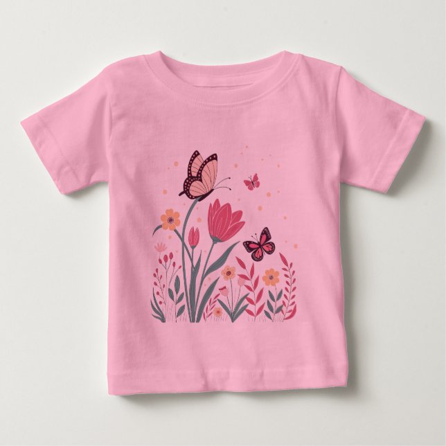 Camiseta De Bebé Mariposas con tulipanes rosados y margaritas amari (Anverso)