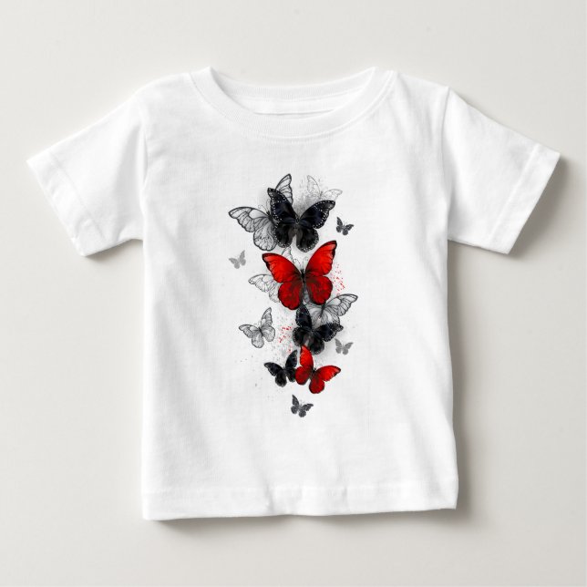 Camiseta De Bebé Mariposas Morpho voladoras negras y rojas (Anverso)