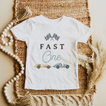 Camiseta De Bebé MAVERICK Vintage Race Car Fast One First Birthday<br><div class="desc">Esta camiseta de bebé de 1er cumpleaños presenta autos antiguos de carreras azules y amarillos con las palabras,  ‘uno rápido'. Este "baby tee" es la adición perfecta a una fiesta o evento de cumpleaños con temática de un primer cumpleaños.</div>