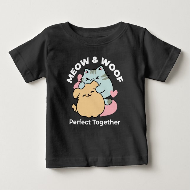 Camiseta De Bebé Meow & Woof Perfect Together: Gato y perro delicio (Anverso)