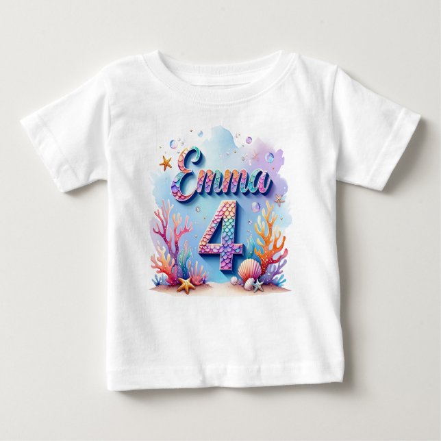 Camiseta De Bebé Mermaid Birthday T-Shirt – Personalized Name & Age (Anverso)