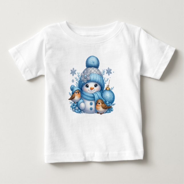Camiseta De Bebé Merry Christmas Snowman With Birds Holiday Tee (Anverso)