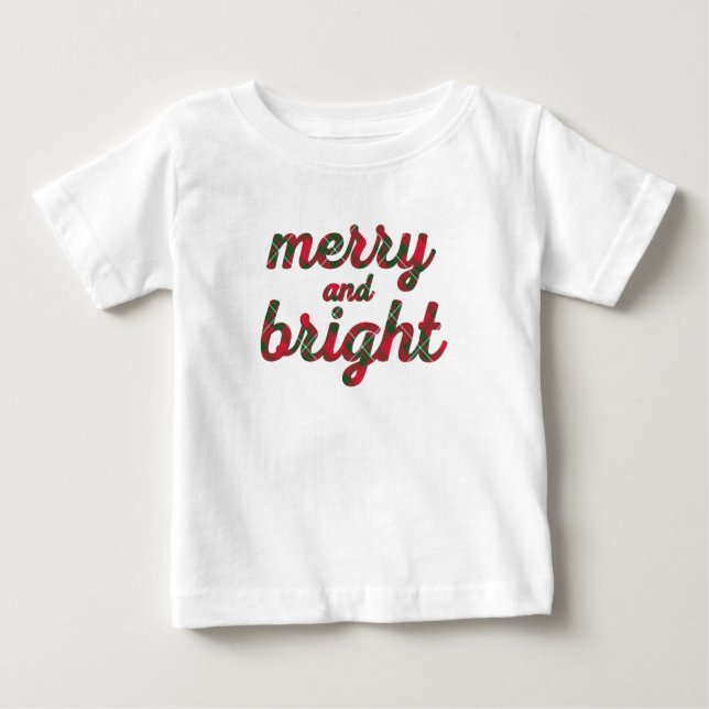 Camiseta De Bebé Merry y Bright - script rojo lindo de tartán verde (Anverso)