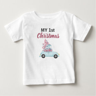 Camiseta De Bebé Mi 1er Navidad Coche Azul Lindo Árbol de Navidad
