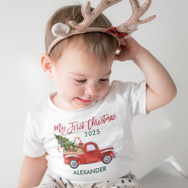 Camiseta De Bebé Mi primer camión de Navidad Candy Canes Green Red (Customize to change text color. Many sizes to choose from.)