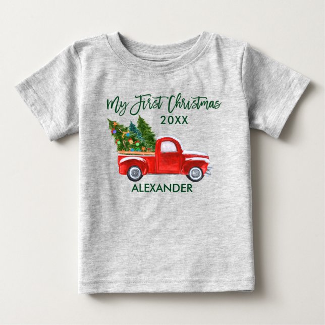 Camiseta De Bebé Mi primer Camión Rojo de Navidad Guión Verde Gris (Anverso)
