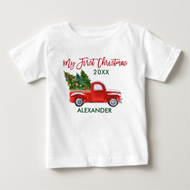 Camiseta De Bebé Mi primer camioneta de Navidad de época verde rojo (Anverso)