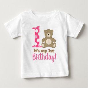 Camiseta De Bebé Mi primer Chica de cumpleaños Rosa Teddy Bear Cami