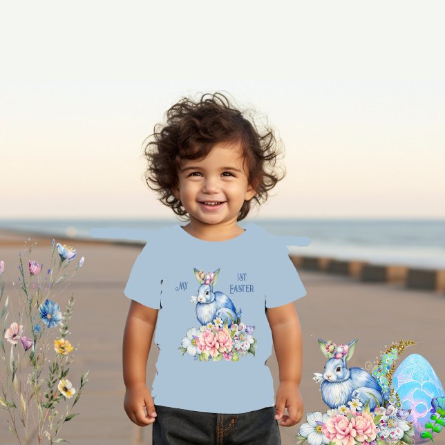 Camiseta De Bebé Mi primer florín floral de Pascua, conejo azul, sa (My 1st Easter Floral Wreath Blue Rabbit Pink Bloom Toddler T-shirt)