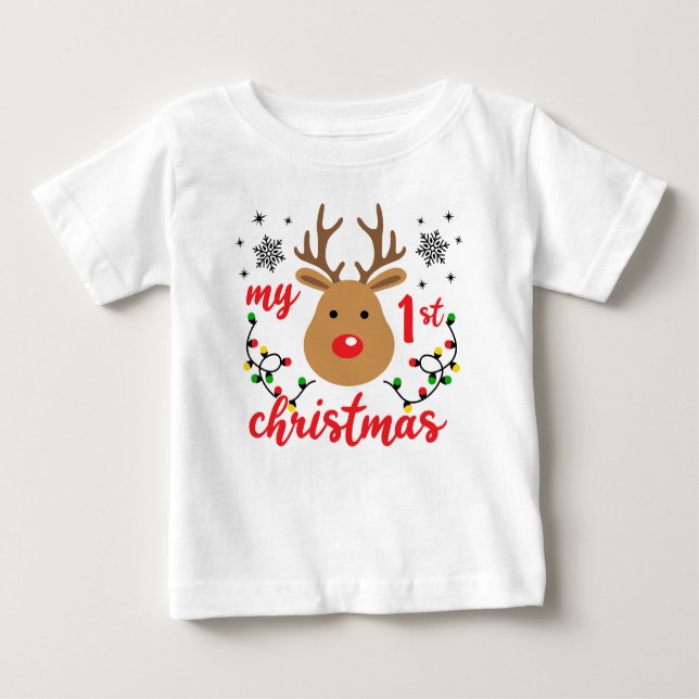 Camiseta De Bebé Mi Primer Navidad Reno Copos de Nieve Modernos Lin (Anverso)