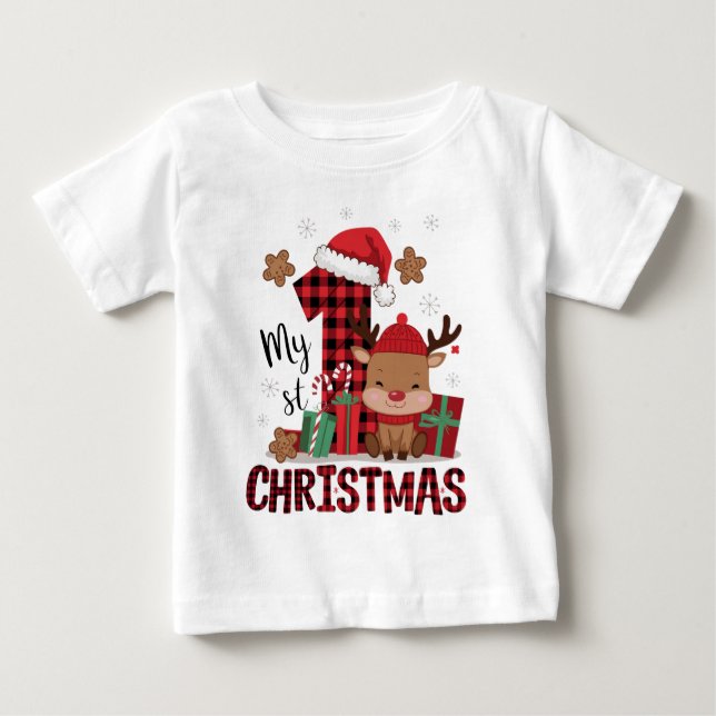 Camiseta De Bebé Mi Primer Navidad Reno Rojo Cuadros (Anverso)