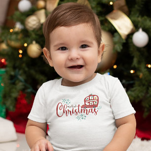 Camiseta De Bebé Mi Primer Navidad Santa Autobús Rojo Letra