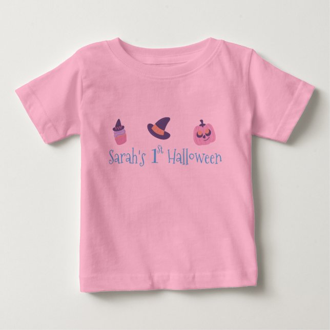 Camiseta De Bebé Mi primera calabaza rosa de Halloween personalizad (Anverso)