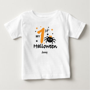 Camiseta De Bebé Mi primera Halloween. Araña, estrellas, nombre mod