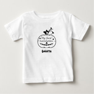 Camiseta De Bebé Mi primera Halloween. Blanco y negro. Nombre modif