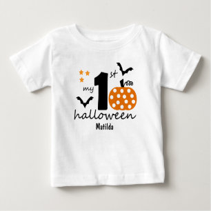 Camiseta De Bebé Mi primera Halloween. Calabaza y murciélagos. Nomb