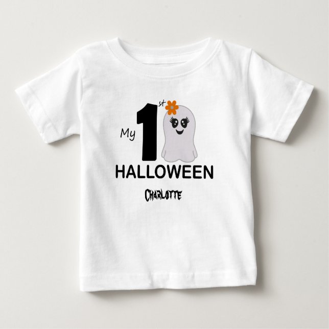 Camiseta De Bebé Mi primera Halloween. Fantasma en la hoja. Nombre  (Anverso)