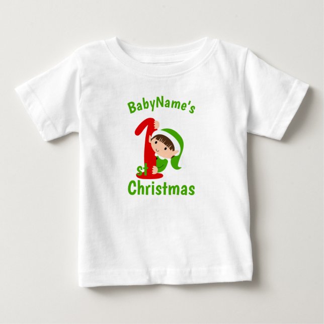 Camiseta De Bebé Mi Primera Navidad con nombre elfo verde lindo (Anverso)