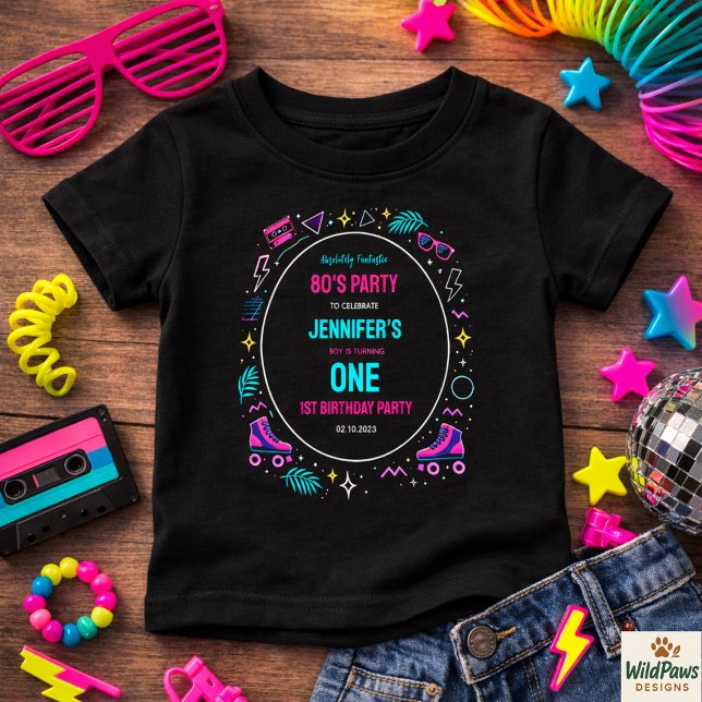 Camiseta De Bebé Modern Retro Neon 80’s 1st Birthday Party (Modern Retro Neon 80’s 1st Birthday Party Baby T-Shirt
)