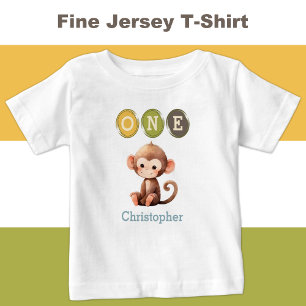 Camiseta De Bebé Mono 1er cumpleaños uno con nombre azul