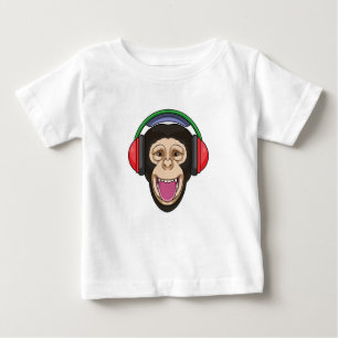 Camiseta De Bebé Mono en la música con auriculares