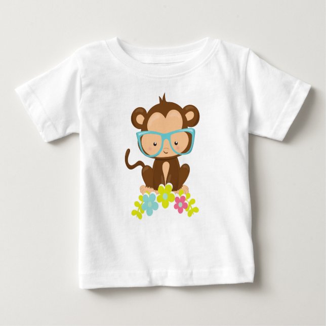 Camiseta De Bebé Mono Hipster, Mono Con Gafas, Flores (Anverso)