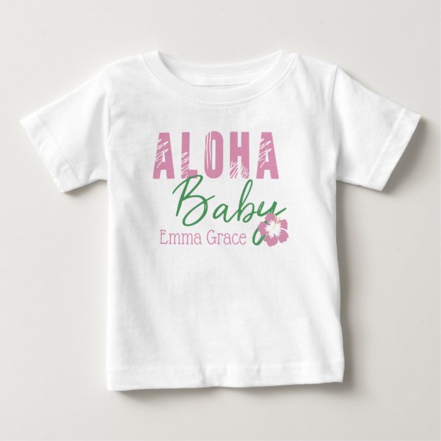 Camiseta De Bebé Monograma Aloha Baby Pink & Green Tropical Flower (Anverso)