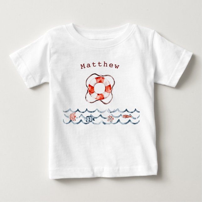 Camiseta De Bebé Monograma De Salvavidas Náutico Rojo Y Azul (Anverso)