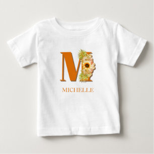 Camiseta De Bebé Monograma Floral de Girasol con Letra M y Nombre