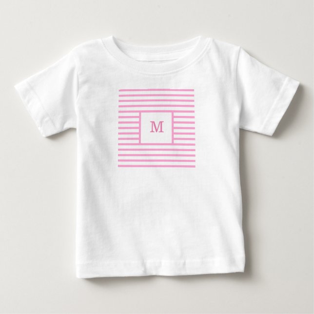 Camiseta De Bebé Monograma Personalizado de franjas rosadas y blanc (Anverso)